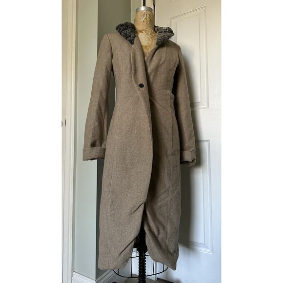 Women's Wool Dress Coat BLUE DEEP Tan/ Beige Taupe Lamb Fur 6-8 Italy 42 EU, S - Picture 14 of 16
